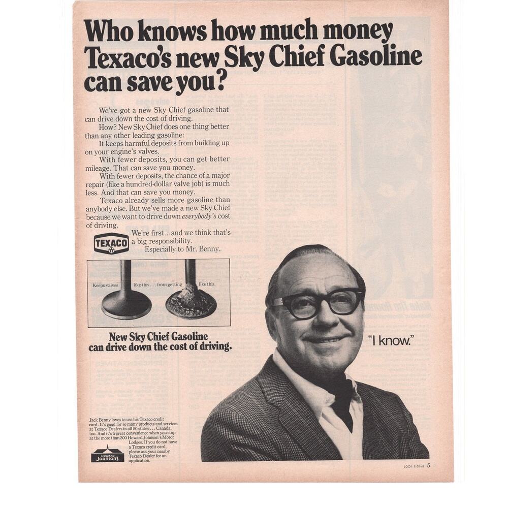 Texaco Sky Chief Gas Magazine Advertisement 1968 Jack Benny Petroliana Vintage